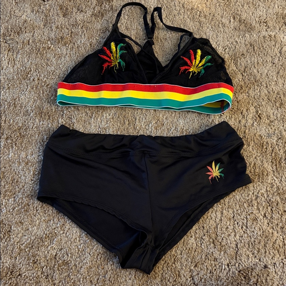 Black Two-Piece Set with Colorful Leaf Embroidery
